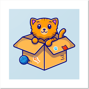 Cute Cat In Box Cartoon Vector Icon Illustration Posters and Art